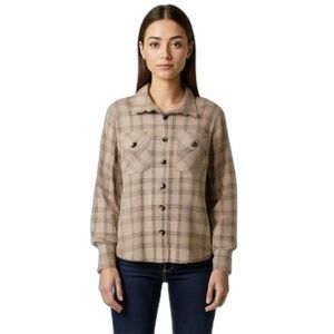 Democracy Size M Womens Shirt Button Front Soft Long Sleeve Pockets Brown Plaid